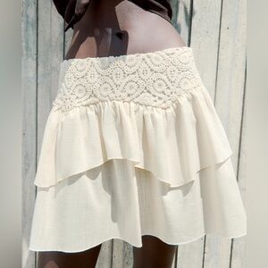 ZARA NWT SZ XL Boho Lace-Waist Tiered Mini Skirt in Cream ref 5029/099